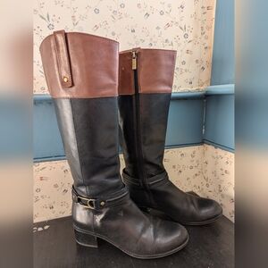 🖤🤎 Bandolino Boots 7.5 Carlotta Two-Tone Leather Riding Wide Calf
